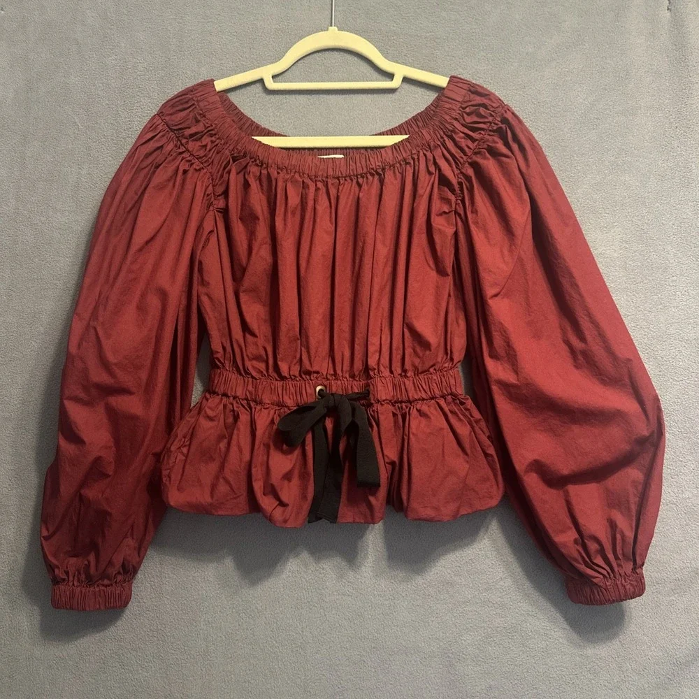 Ulla Johnson Kira Off the Shoulder Poplin Peplum Top Size 2 Burgundy Peasant